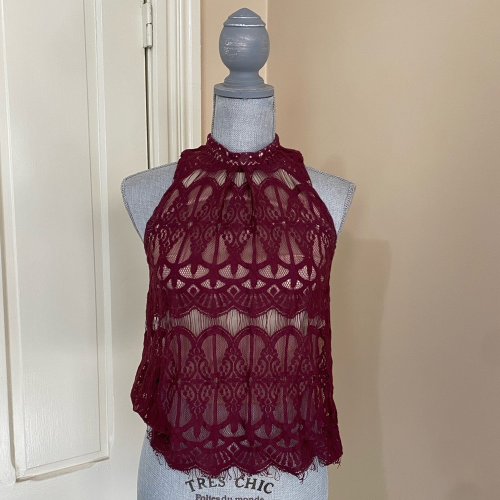 Deep red lace high kneck tank